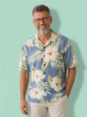 Reyn Spooner Hawaiian Traditionals Blue Hibiscus Print 100% Silk Shirt